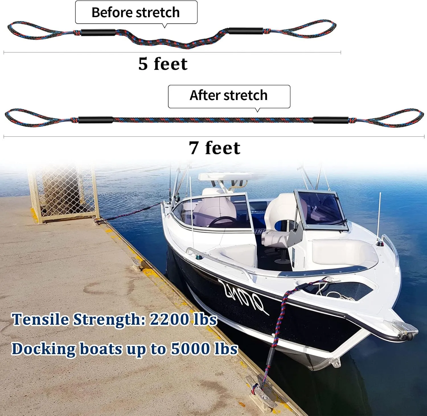 Botepon Boat Bungee Dock Lines, Boating Gifts for Men, Boat Accessories, Pontoon Accessories, Mooring Lines for Bass Boat, 5 Feet, Pack of 1