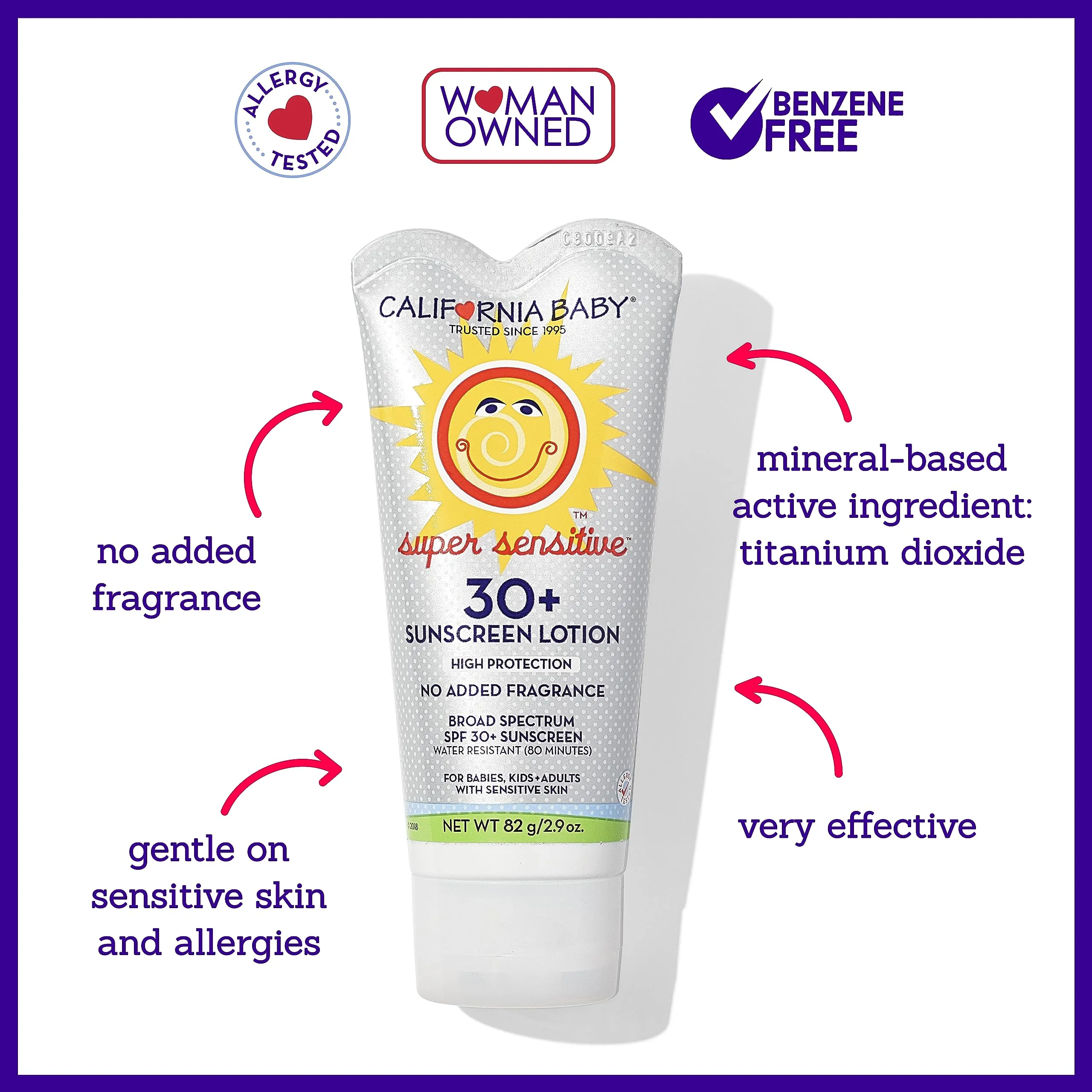 California Baby Super Sensitive SPF 30  Sunscreen | Broad Spectrum | Titanium Dioxide | Hypoallergenic Unscented Mineral Sunscreen | Reef Safe Sunscreen | Sensitive Skin Friendly | 82g / 2.9oz