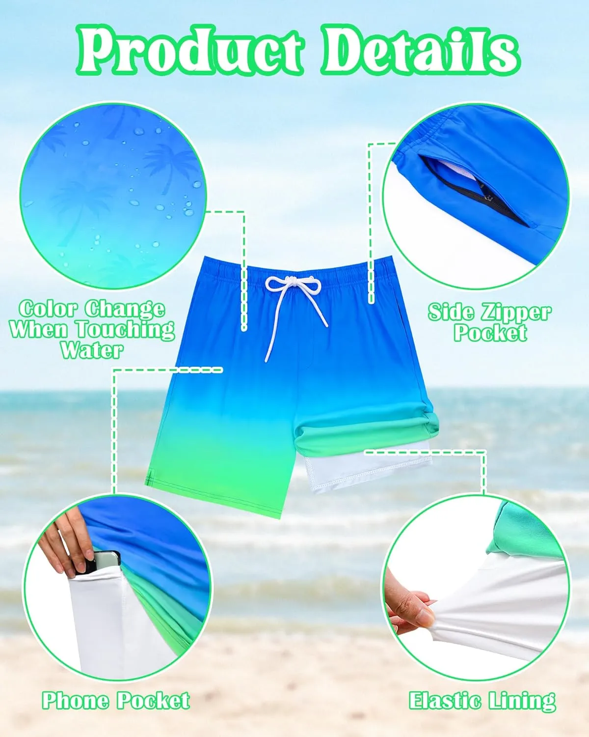 Color Changing Swim Shorts Mens Swim Trunks with Compression Liner 7 Inch Inseam Quick Dry Bathing Suits