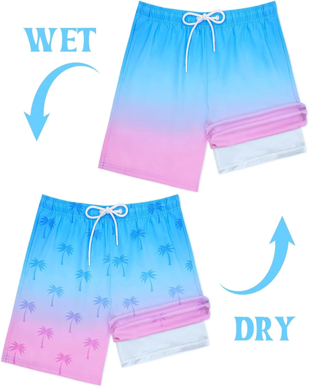Color Changing Swim Shorts Mens Swim Trunks with Compression Liner 7 Inch Inseam Quick Dry Bathing Suits