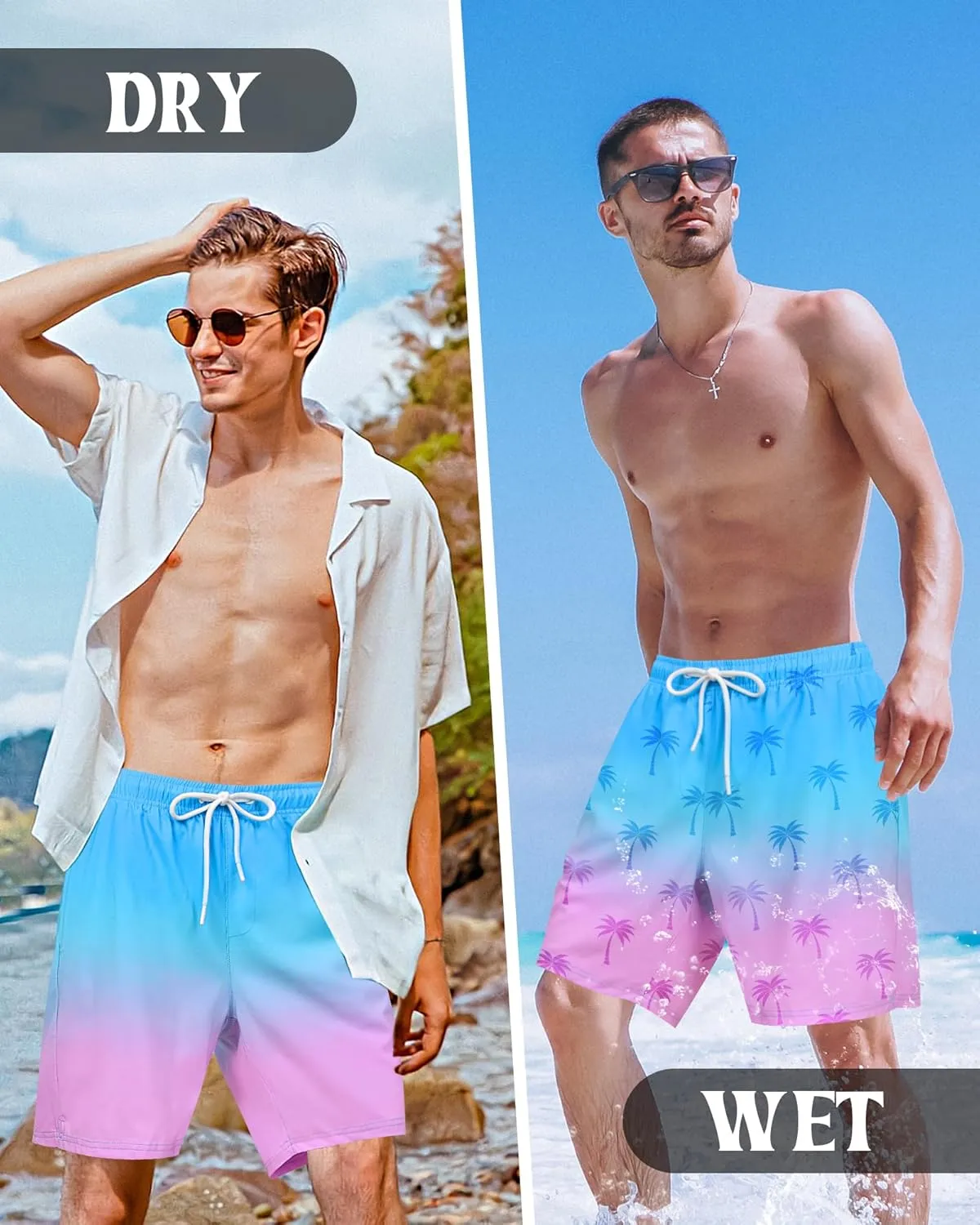 Color Changing Swim Shorts Mens Swim Trunks with Compression Liner 7 Inch Inseam Quick Dry Bathing Suits