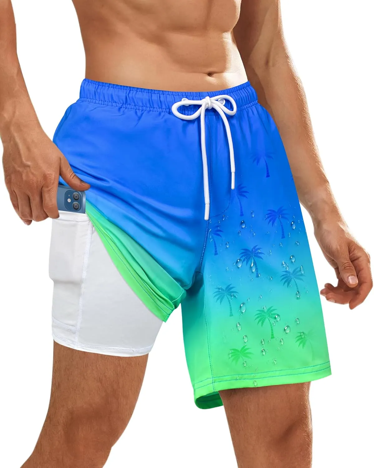 Color Changing Swim Shorts Mens Swim Trunks with Compression Liner 7 Inch Inseam Quick Dry Bathing Suits