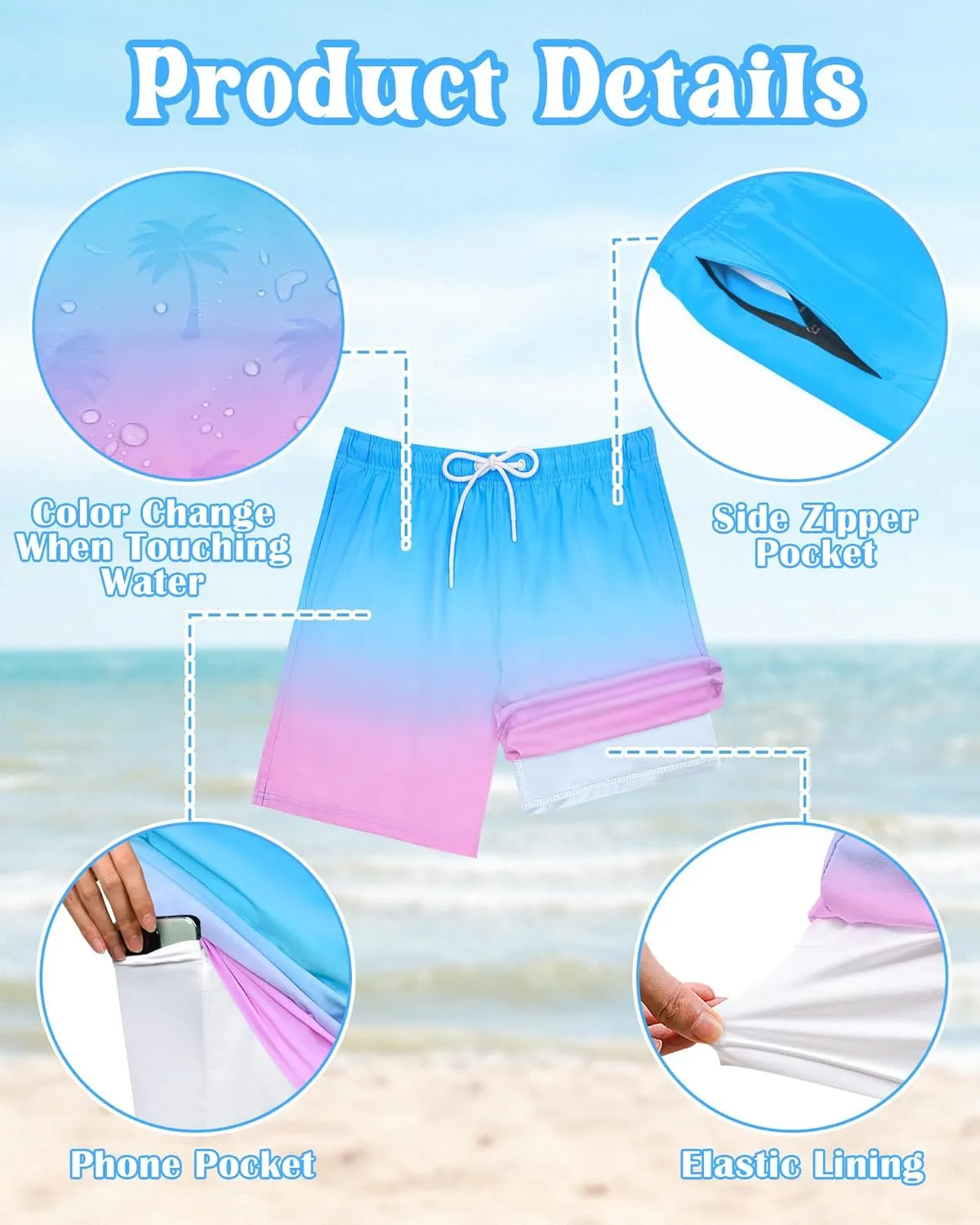 Color Changing Swim Shorts Mens Swim Trunks with Compression Liner 7 Inch Inseam Quick Dry Bathing Suits