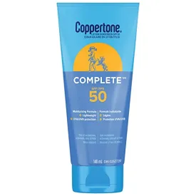 Coppertone Complete SPF 50 Sunscreen Lotion, Lightweight and Moisturizing Sunscreen, Water Resistant Face and Body Sunscreen Broad Spectrum SPF 50 UVA/UVB Protection, Oxybenzone Free, 148mL