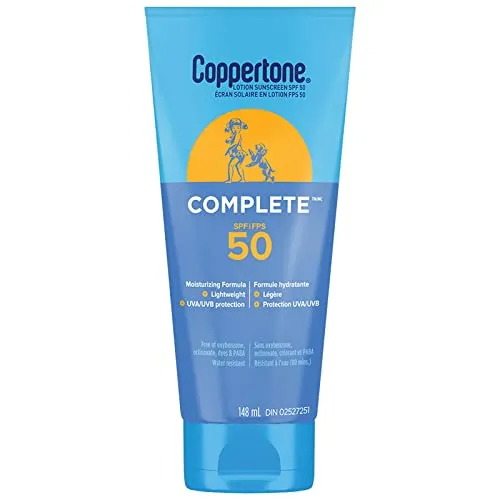 Coppertone Complete SPF 50 Sunscreen Lotion, Lightweight and Moisturizing Sunscreen, Water Resistant Face and Body Sunscreen Broad Spectrum SPF 50 UVA/UVB Protection, Oxybenzone Free, 148mL