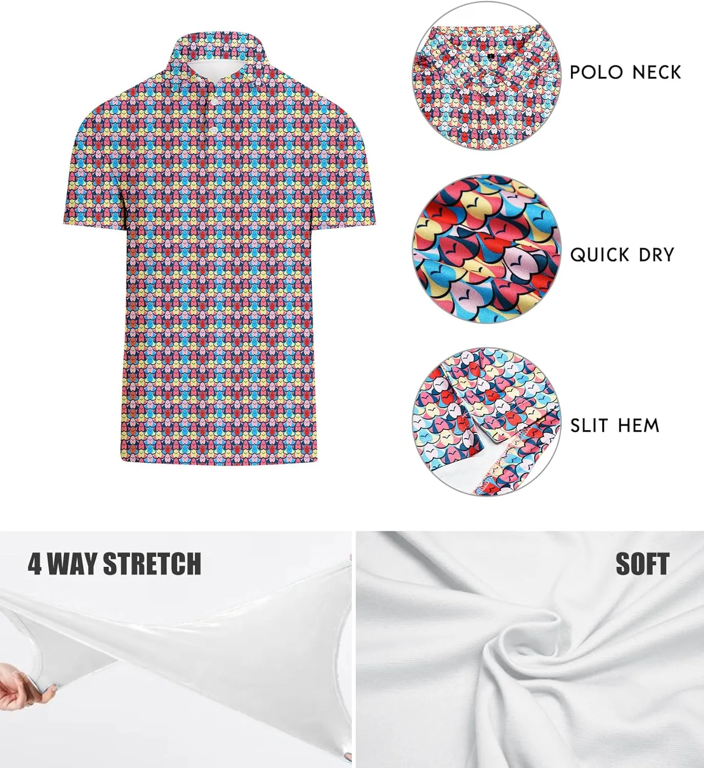 Mens Golf Polo Shirts Short Sleeve Printed Moisture Wicking Casual Shirt