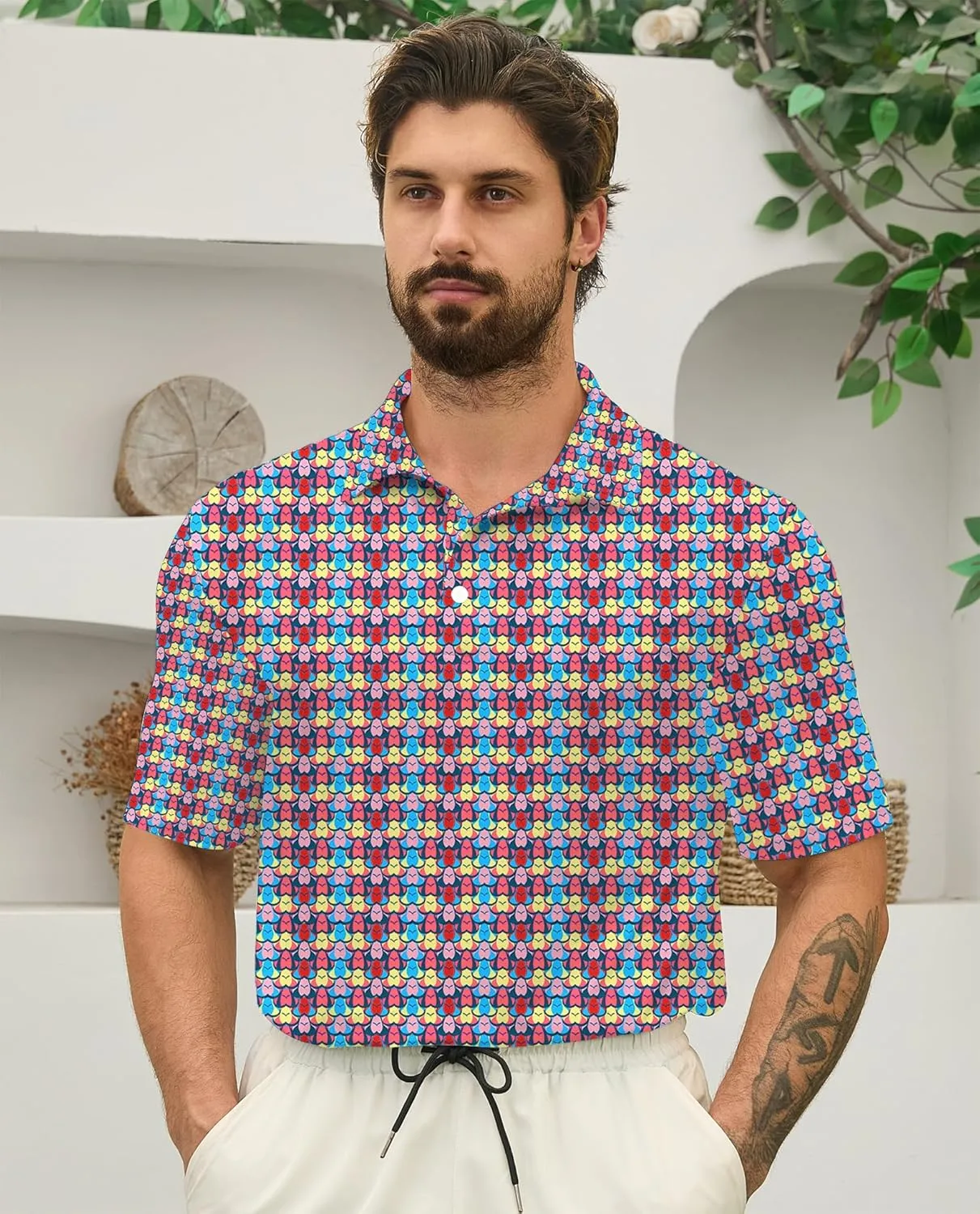 Mens Golf Polo Shirts Short Sleeve Printed Moisture Wicking Casual Shirt