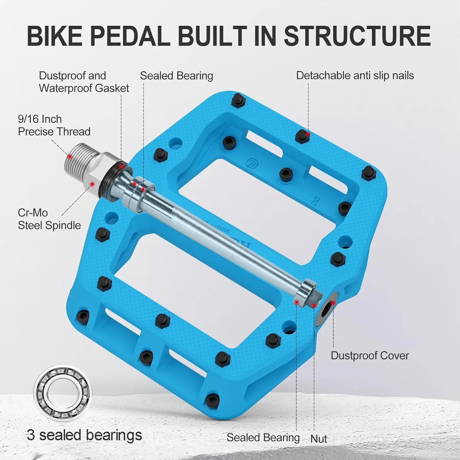 Mountain Bike Pedals 9/16" 3 Sealed Bearings Lightweight Non-Slip Nylon Fiber Bicycle Platform Pedals for Road BMX MTB