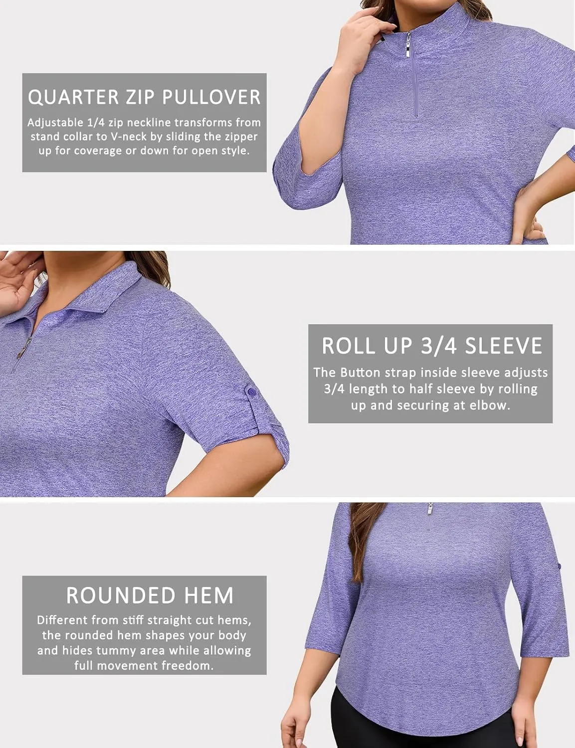 Plus Size Golf Polo Shirts for Women 3/4 Sleeve Quarter Zip Pullover Quick Dry Workout Tops XL-5XL