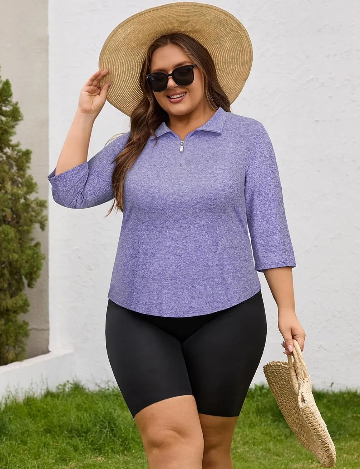 Plus Size Golf Polo Shirts for Women 3/4 Sleeve Quarter Zip Pullover Quick Dry Workout Tops XL-5XL