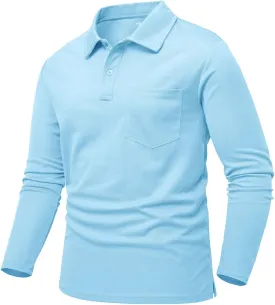 Rdruko Men's Polo with Pocket Long Sleeve Quick Dry Outdoor Golf Pullover Collared T-Shirt