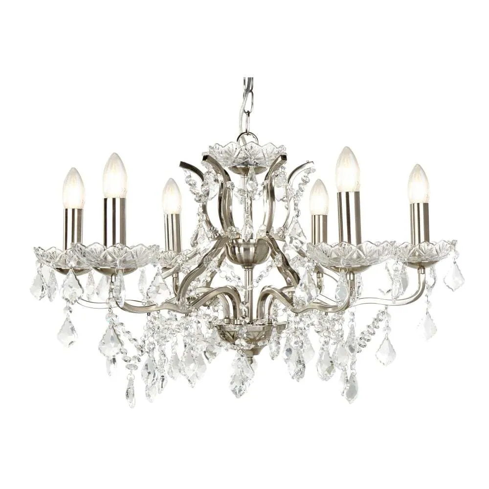 Searchlight 8736-6SS Paris 6 Light Chandelier Clear Crystal Drops & Trim Satin Silver